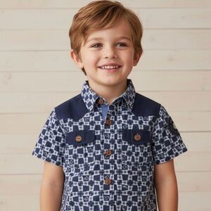 💙 The Good Ones Navy Pattern Button-Up Shirt Kids 3-4 | Great Condition